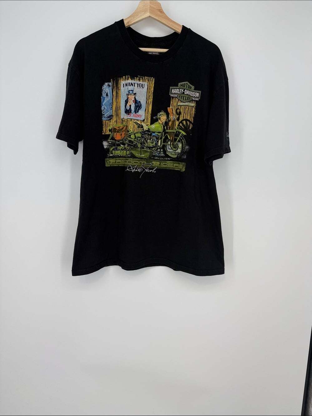 Harley-Davidson Black Tee with Green and Tan Motorcycle Graphic